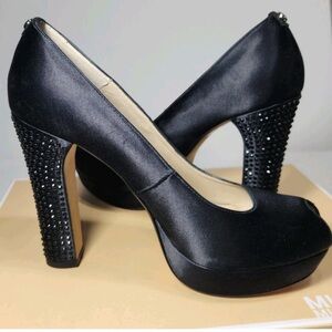 Michael Kors Nadia Size 8M Satin Stone Jewel Heels with Peep Toe Heels